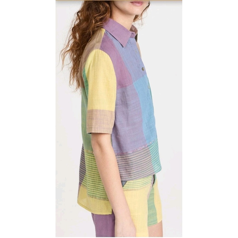 Abacaxi Scarf Hem Button Up Shirt Unisex Small Patchwork Plaid Short Sleeve